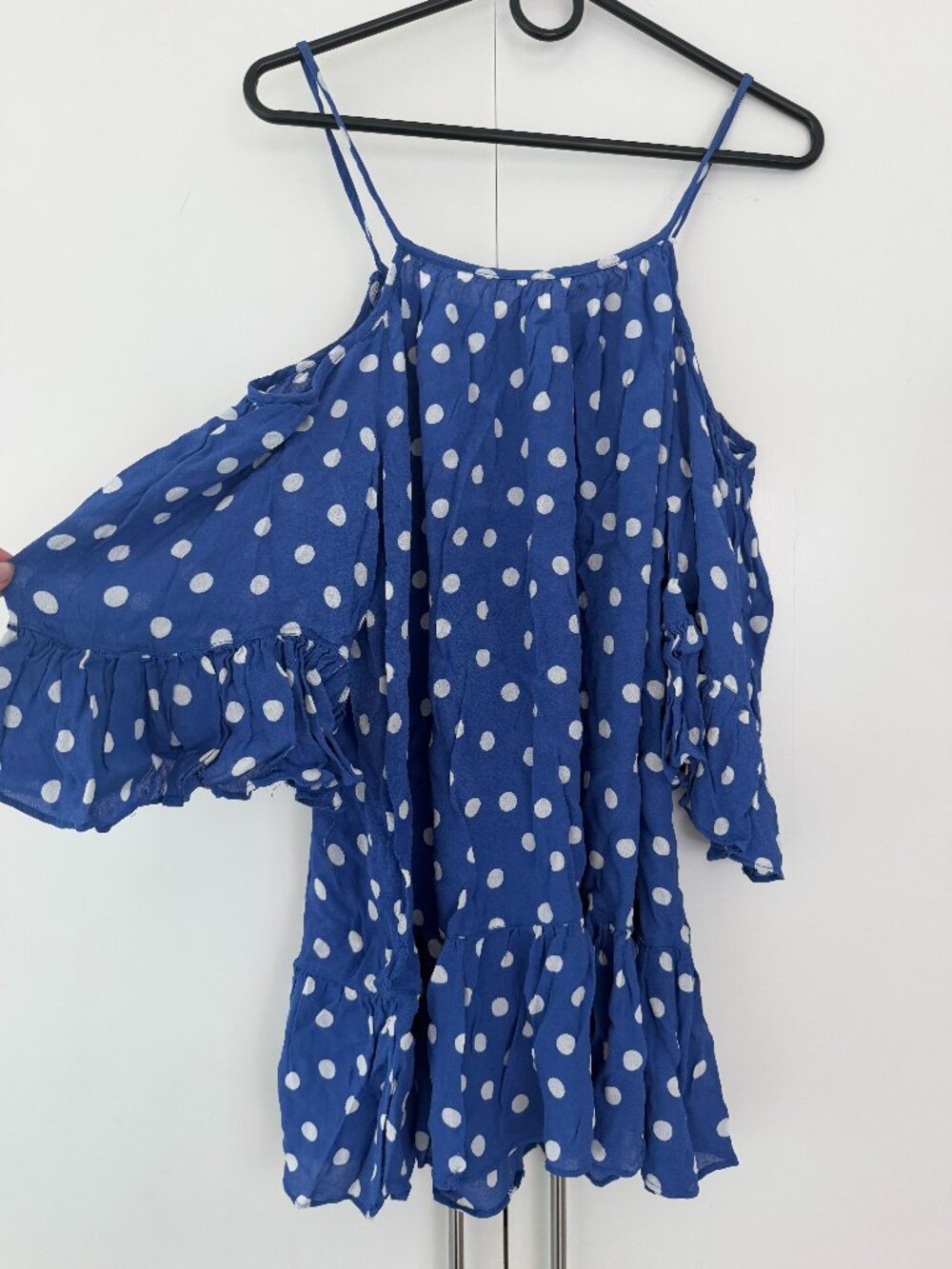 Tularosa Blue White Polka Dot Tiered Ruffle Mini Dress Tie Neck